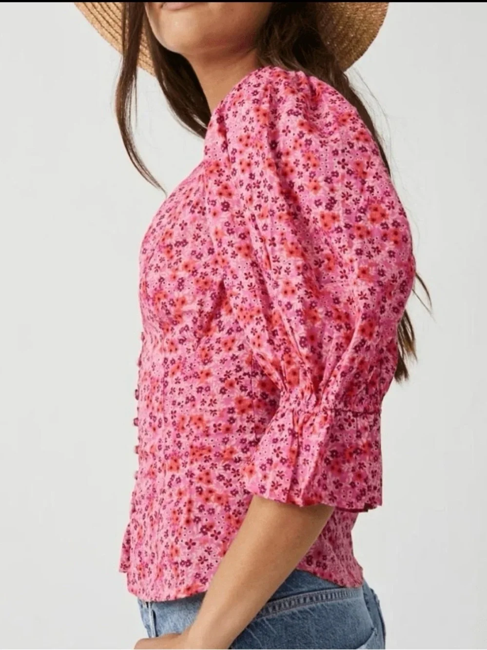 Free People I Found You Pink Floral Blouse L (Fits Smaller)